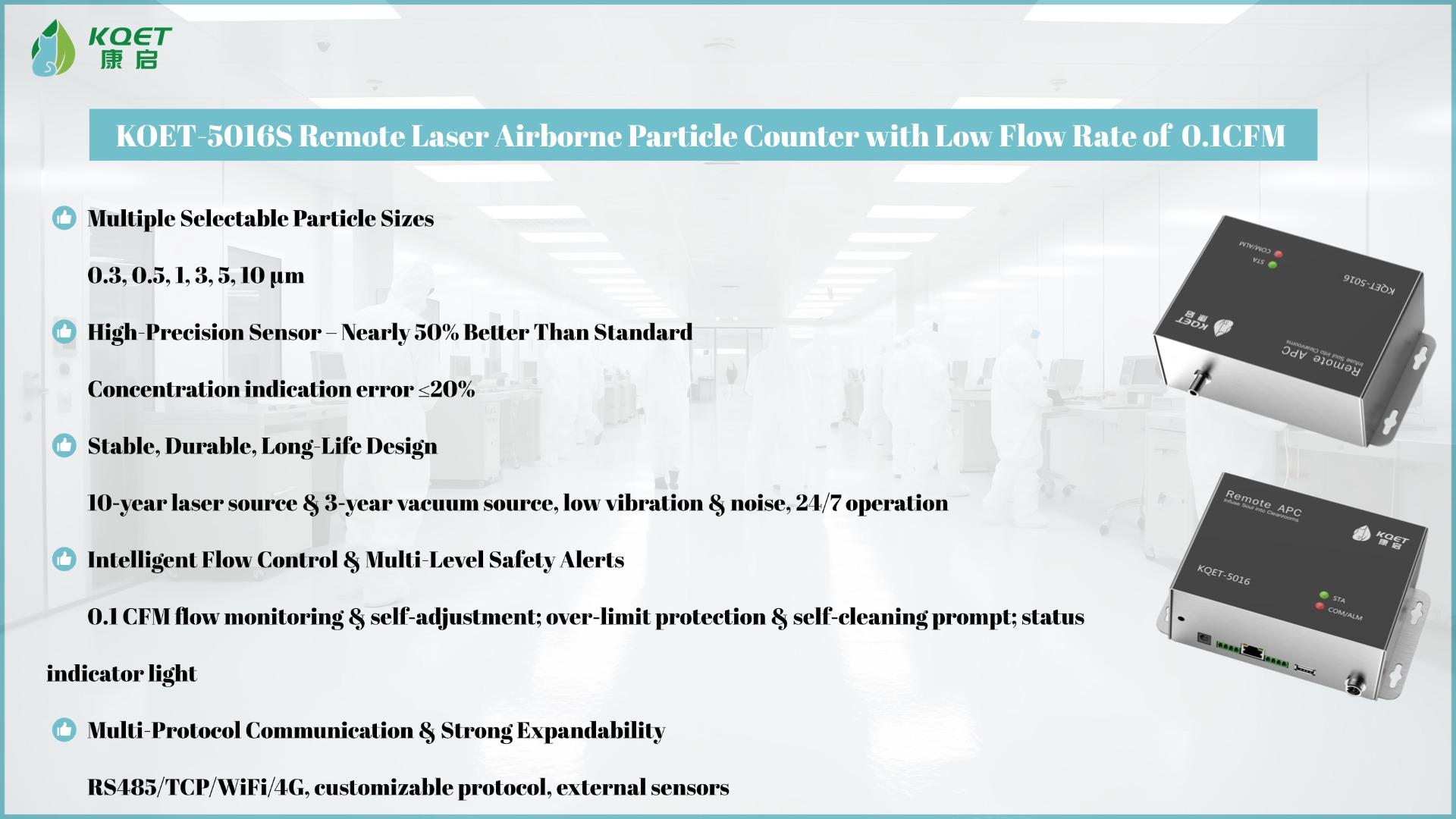 KOET-5016S Remote Laser Airborne Particle Counter with Low Flow Rate of 0.1CFM