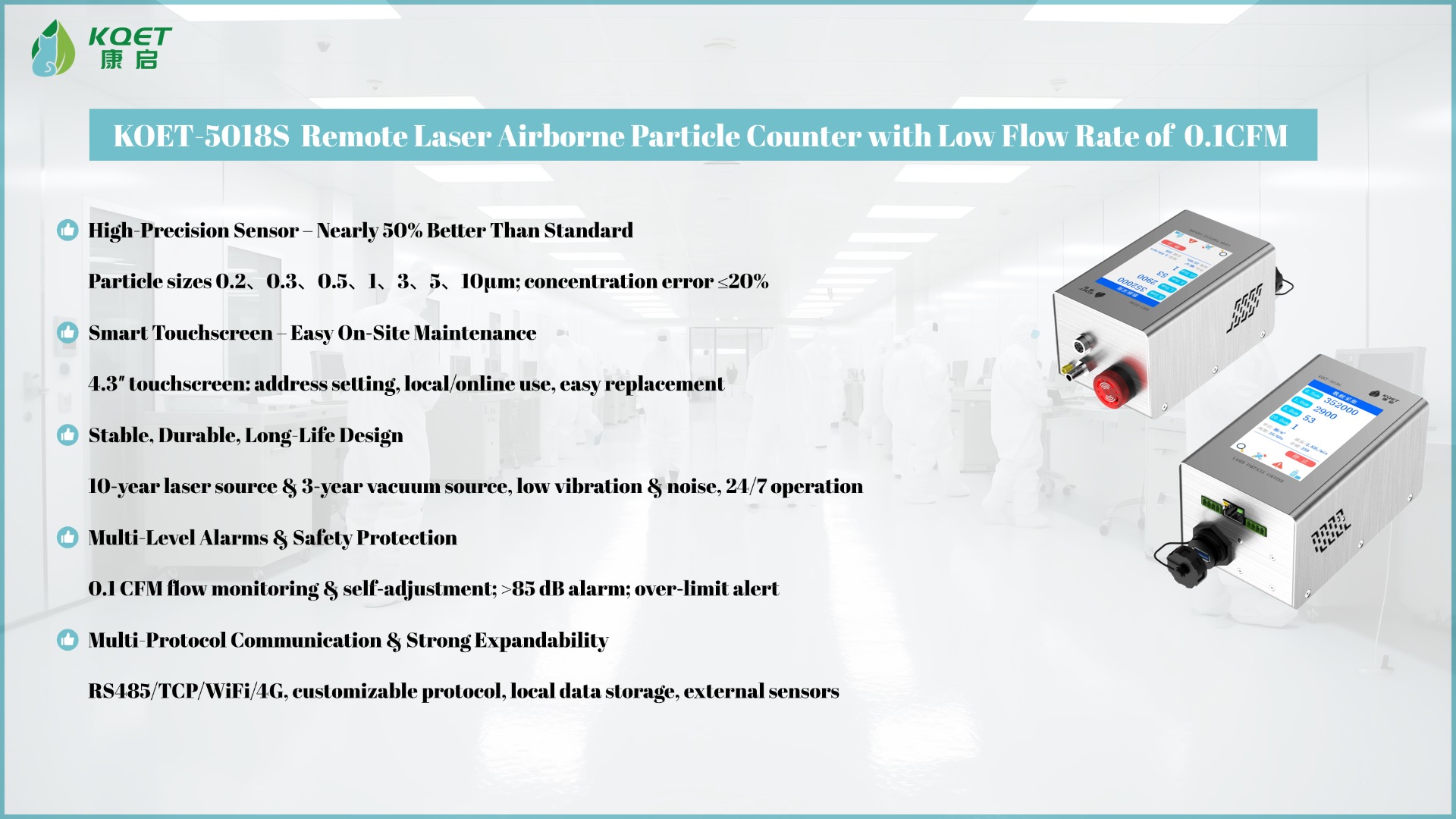 KQET-5018S Remote Laser Airborne Particle Counter with Low Flow Rate of 0.1CFM