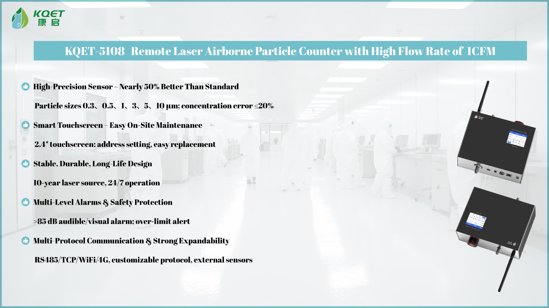 KQET-5108 Remote Laser Airborne Particle Counter with High Flow Rate of 1CFM