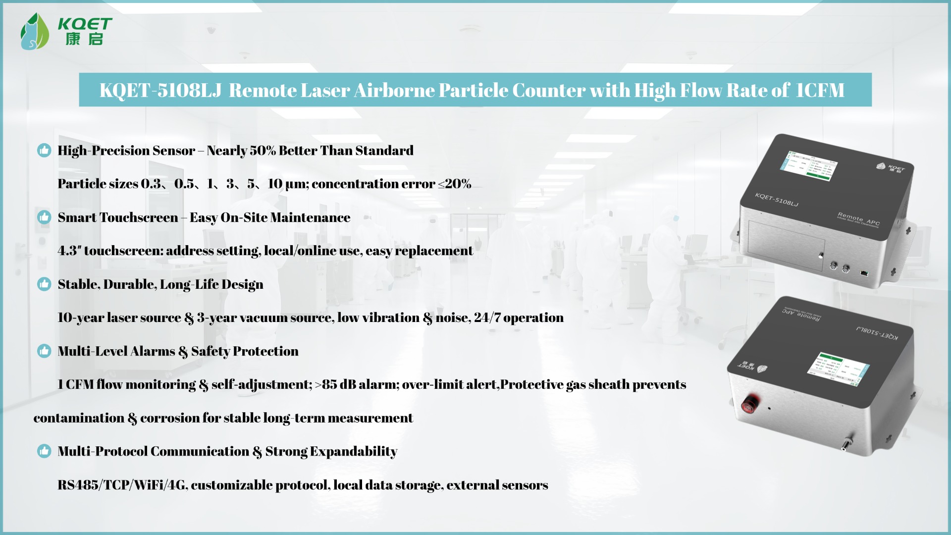 KQET-5108LJ Remote Laser Airborne Particle Counter with High Flow Rate of 1CFM
